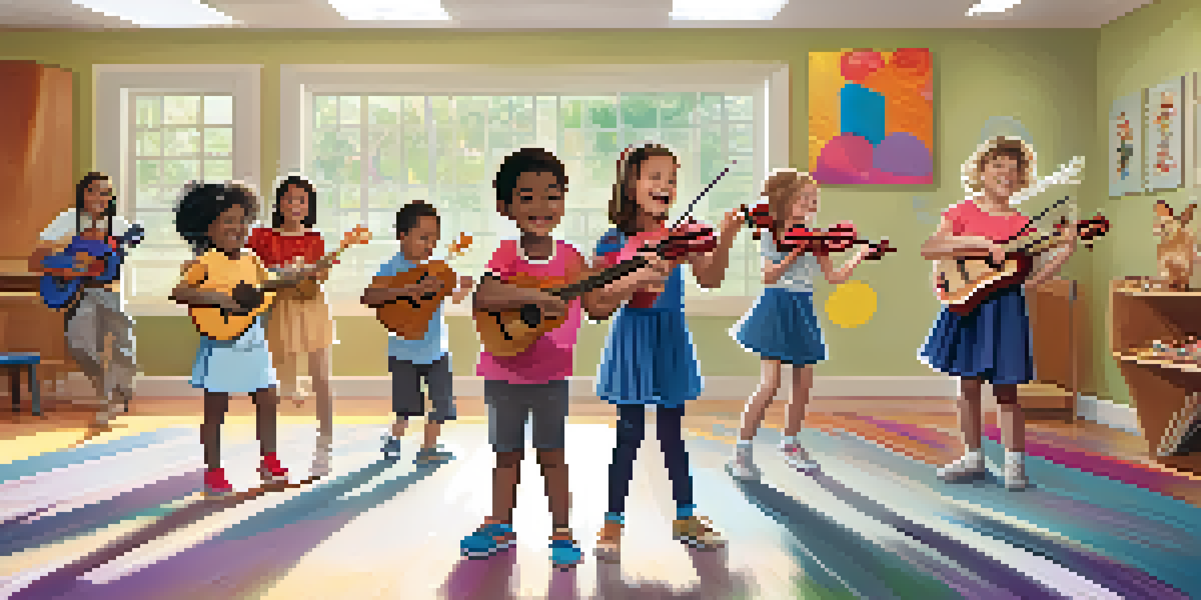 A lively classroom scene where children are playing ukuleles and dancing, surrounded by colorful decorations and musical props, with sunlight streaming in.