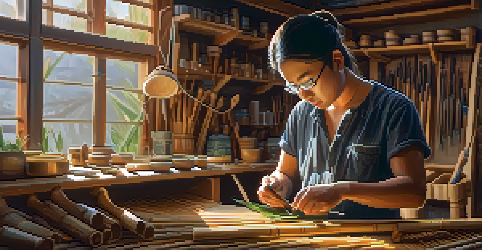 An artisan working on bamboo ukulele parts in a workshop filled with tools and warm light.