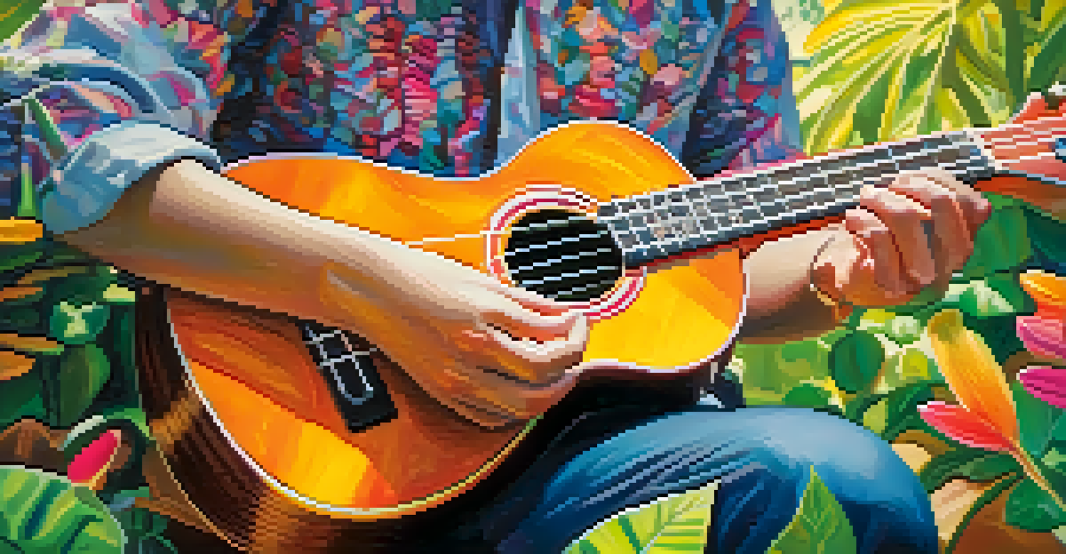 Close-up of small hands playing a colorful ukulele with a vibrant garden in the background, bathed in soft sunlight.