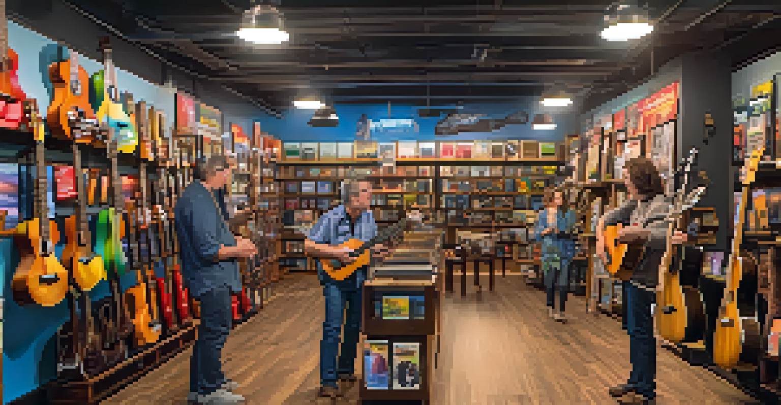 Interior of a music store with ukuleles displayed, customers trying them out, and a staff member assisting.