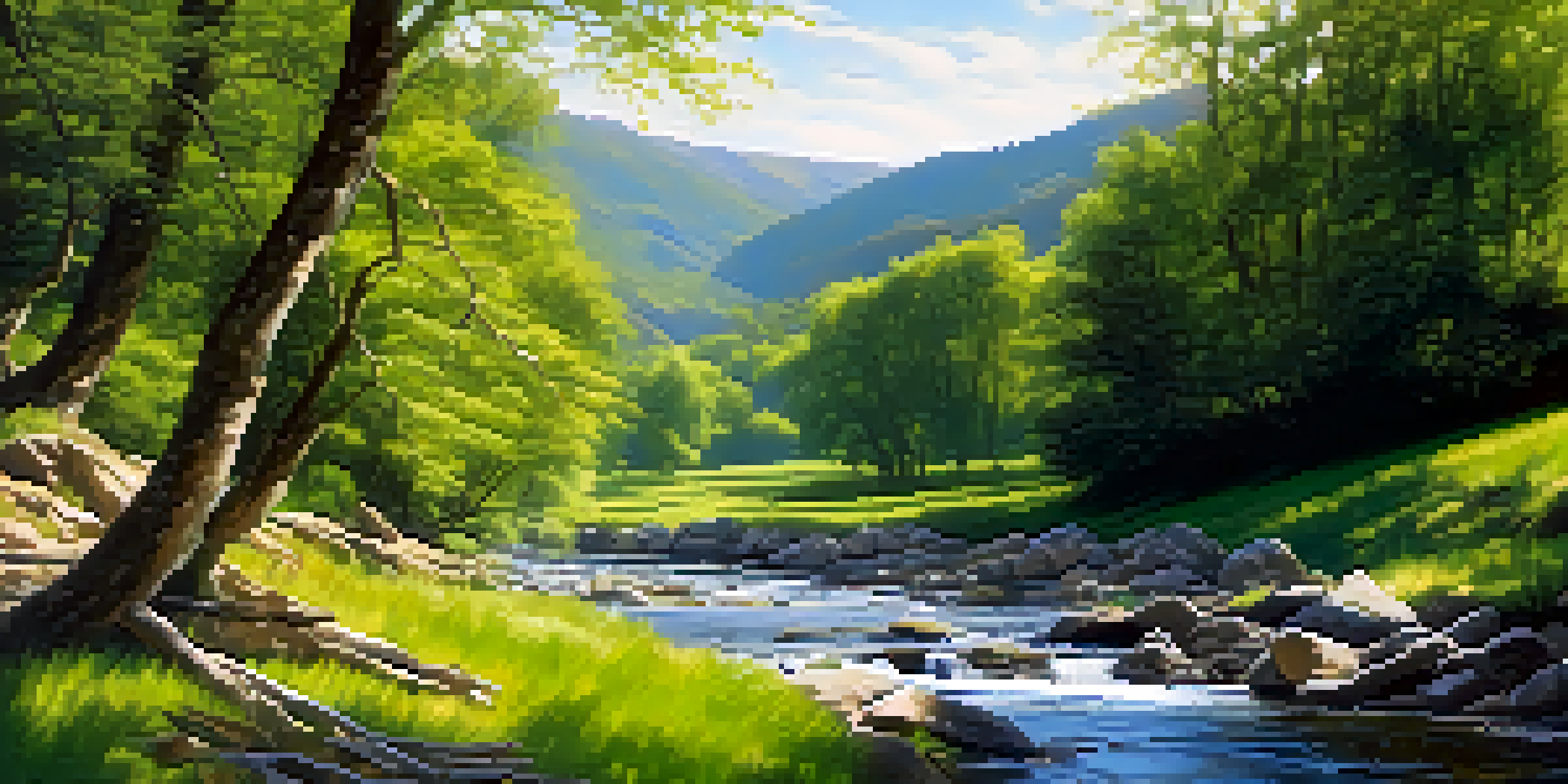 A peaceful landscape with a flowing stream and sunlight filtering through trees, surrounded by hills and a blue sky.