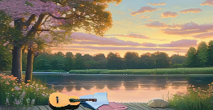 A wooden ukulele on a picnic blanket in a park at sunset, surrounded by wildflowers and a calm river reflecting the colors of the sky.