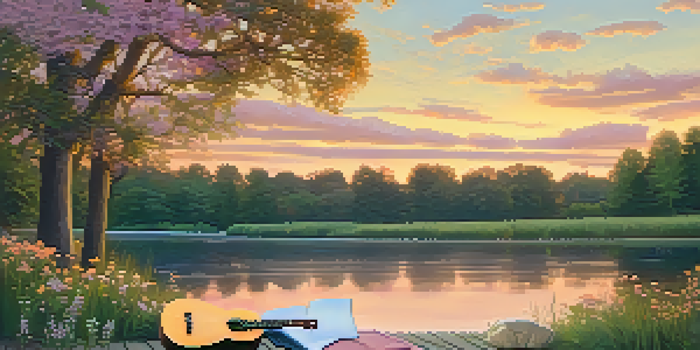A wooden ukulele on a picnic blanket in a park at sunset, surrounded by wildflowers and a calm river reflecting the colors of the sky.