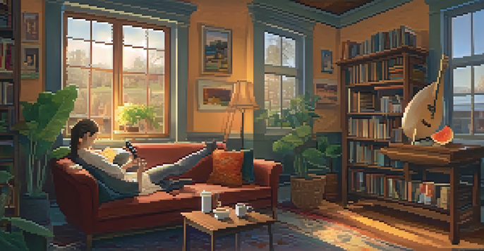 A person playing a ukulele on a couch in a cozy room with warm lighting and music-themed decor.