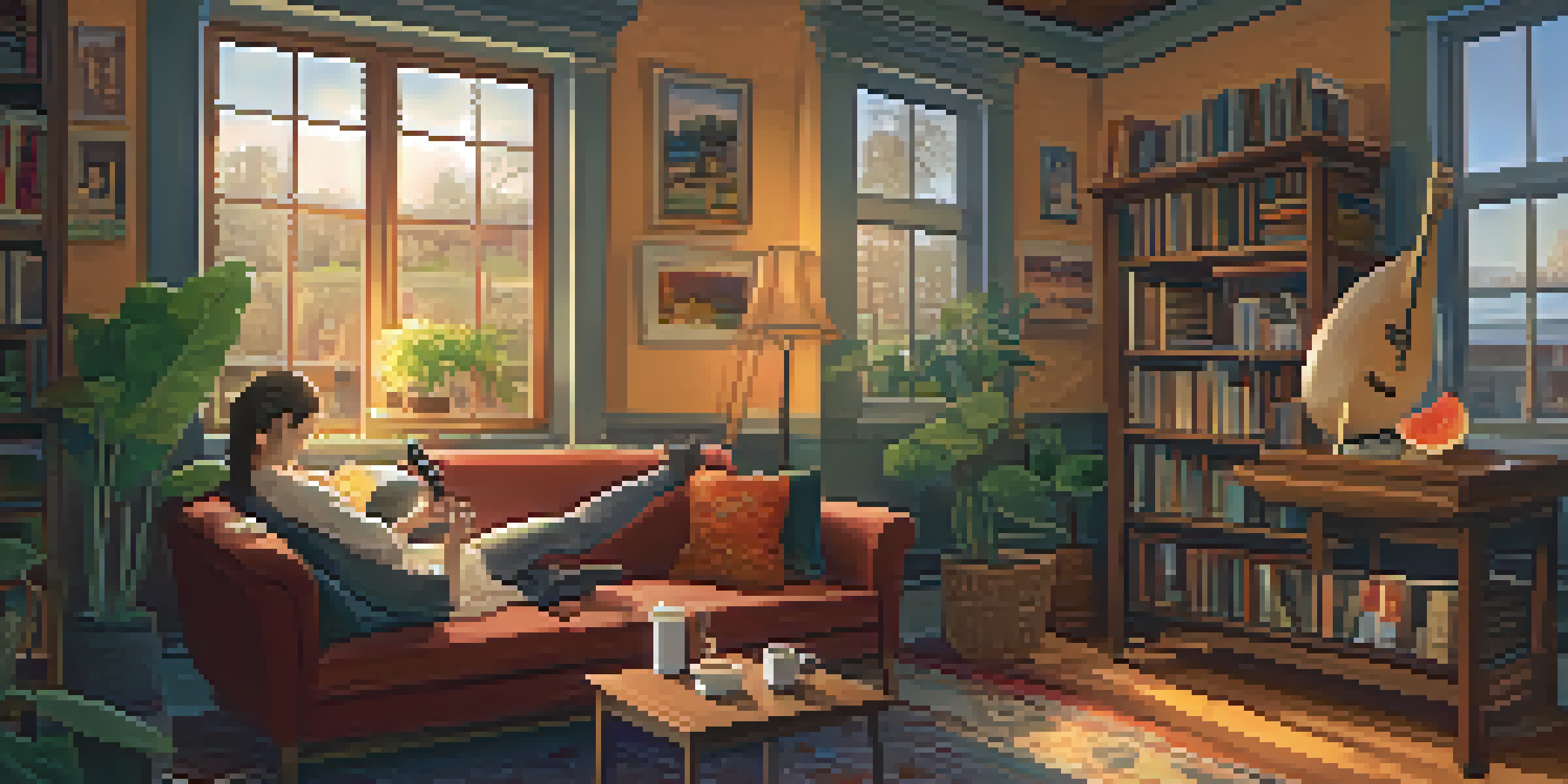 A person playing a ukulele on a couch in a cozy room with warm lighting and music-themed decor.