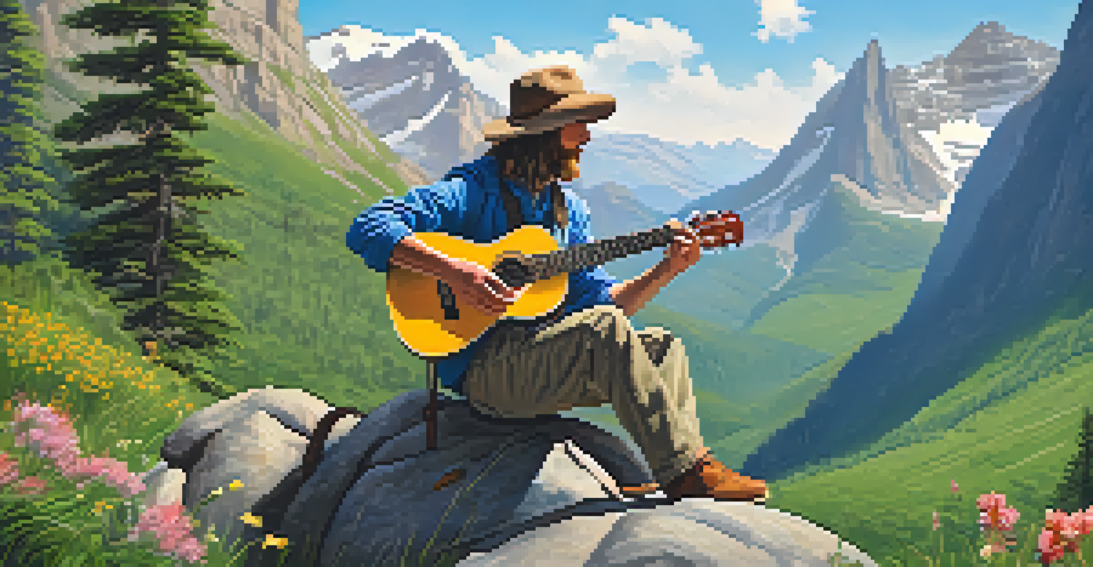 A traveler sitting on a rock in a mountain landscape, playing a ukulele with wildflowers and greenery surrounding them.