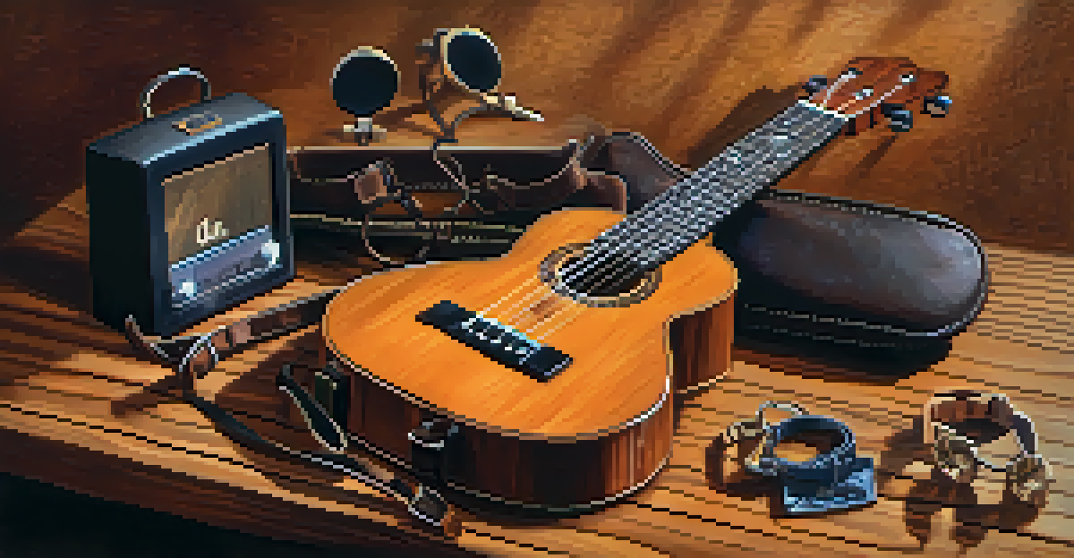 Various ukulele accessories including a capo, tuner, and strap, displayed on a rustic wooden surface.