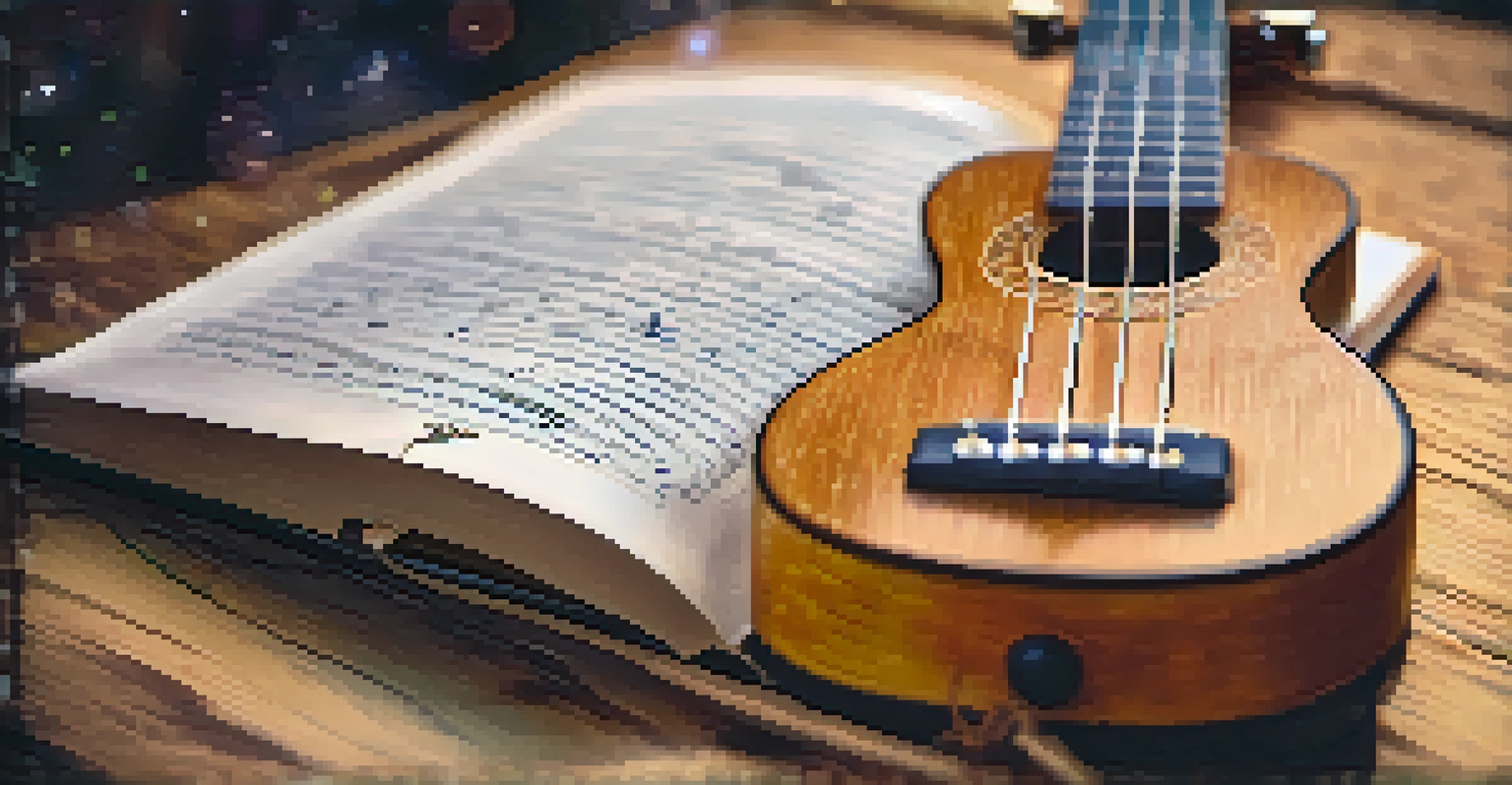 A close-up of a ukulele on an open music book with handwritten lyrics and a pencil.