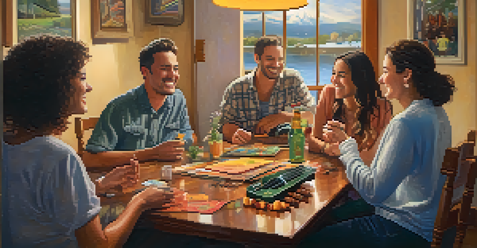 Friends gathered indoors around a table, with one person playing a ukulele, creating a warm and friendly atmosphere filled with laughter.