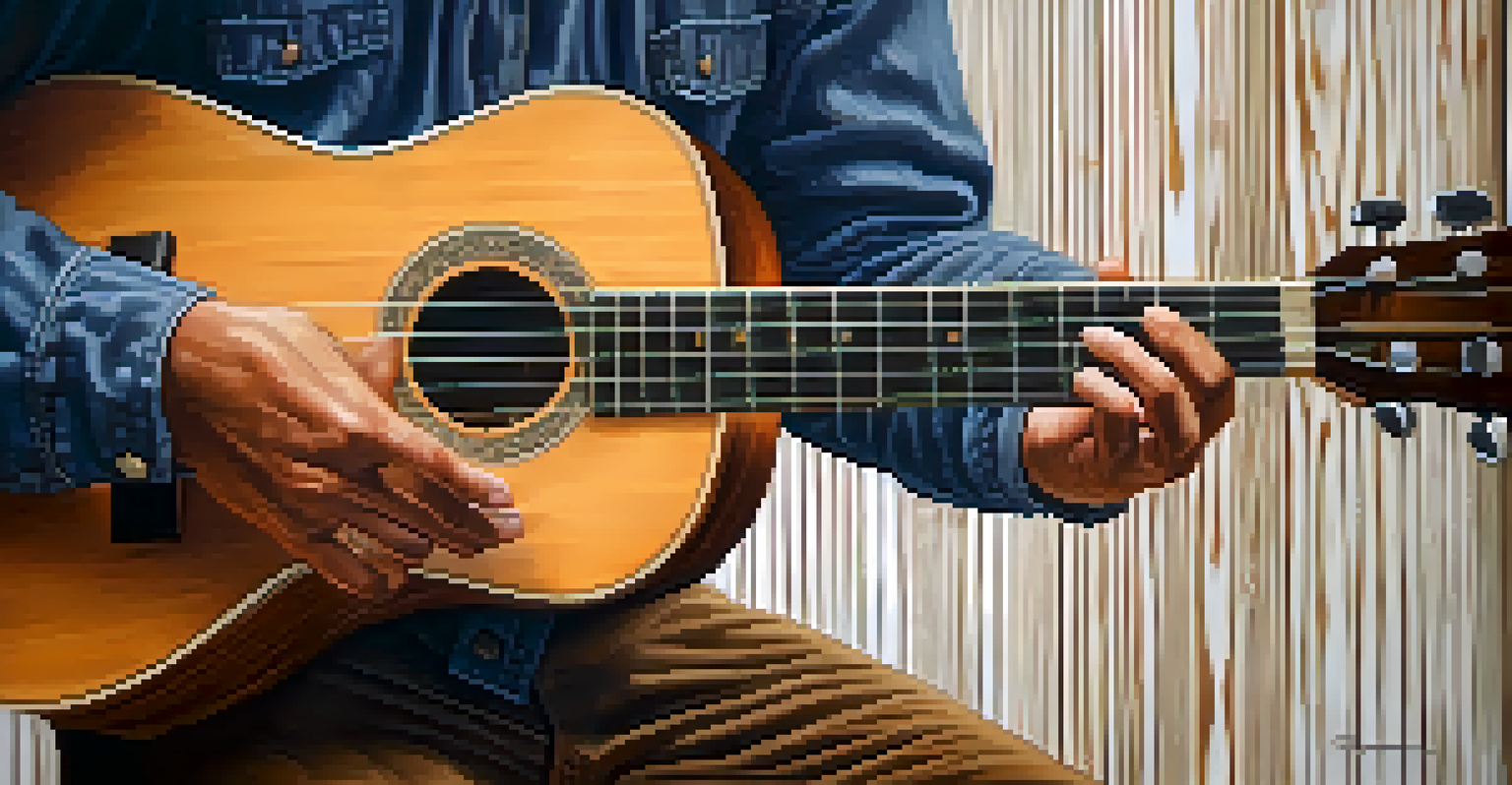 Close-up of hands strumming a ukulele, showcasing the strings and wood texture.