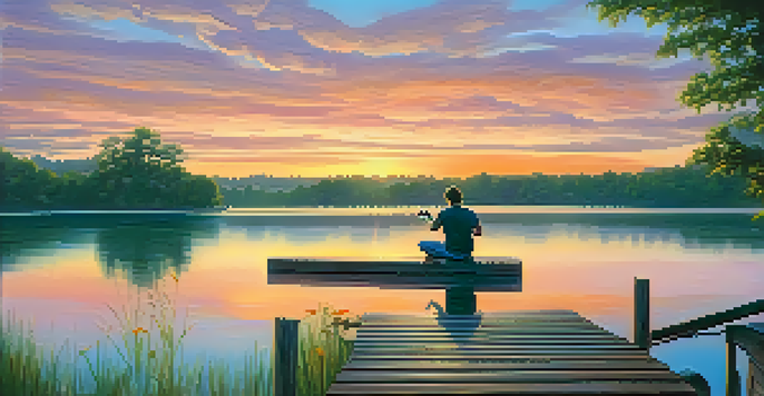 A person playing a ukulele on a dock by a calm lake at sunset, with vibrant colors reflecting in the water.