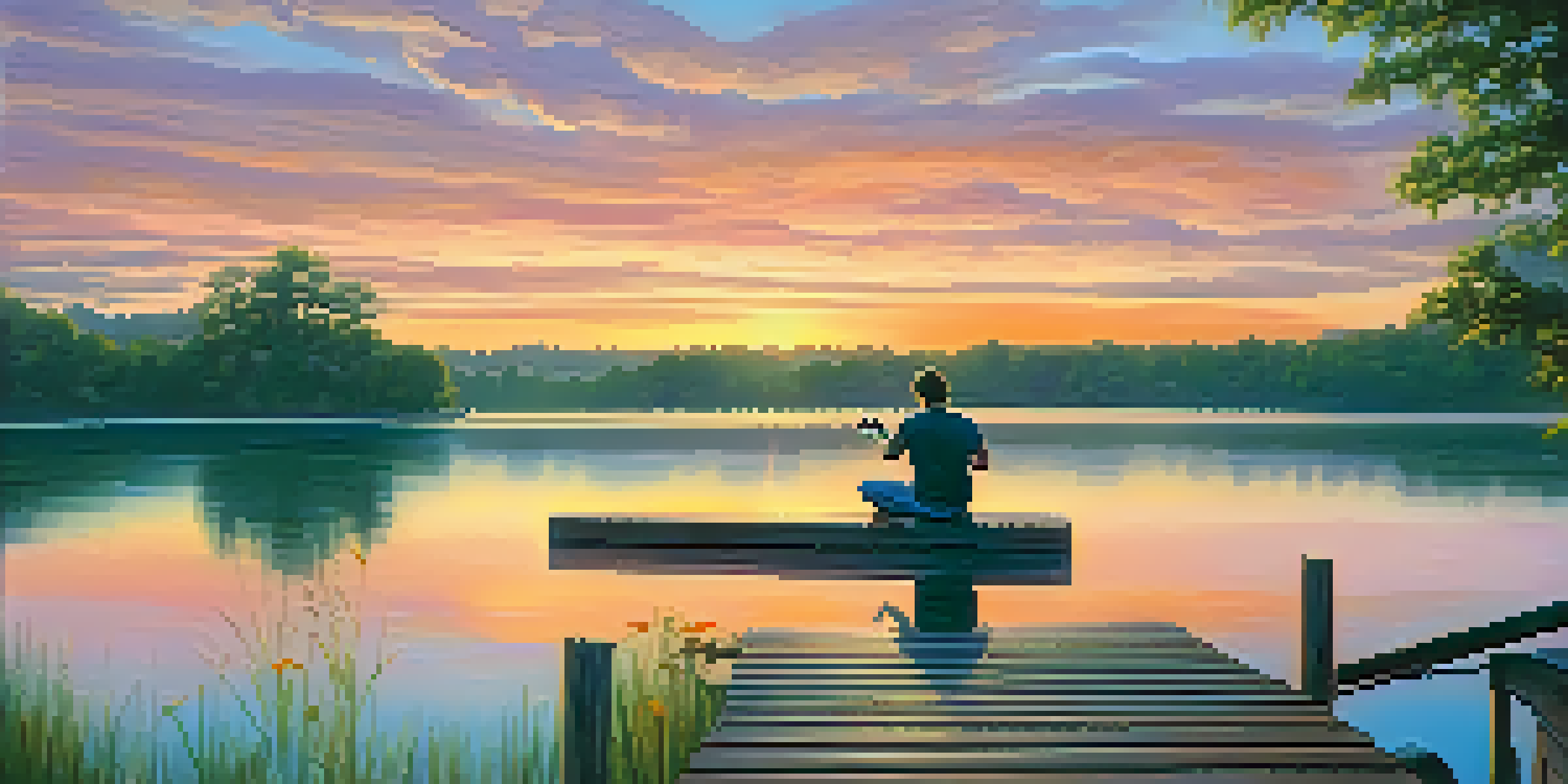 A person playing a ukulele on a dock by a calm lake at sunset, with vibrant colors reflecting in the water.