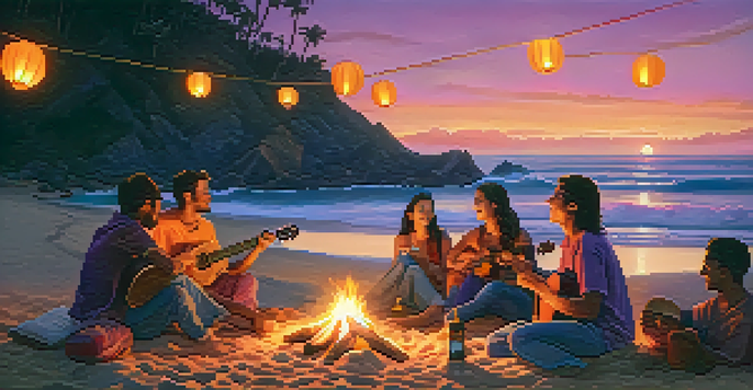 A group of friends sitting around a campfire on the beach at sunset, playing ukuleles.