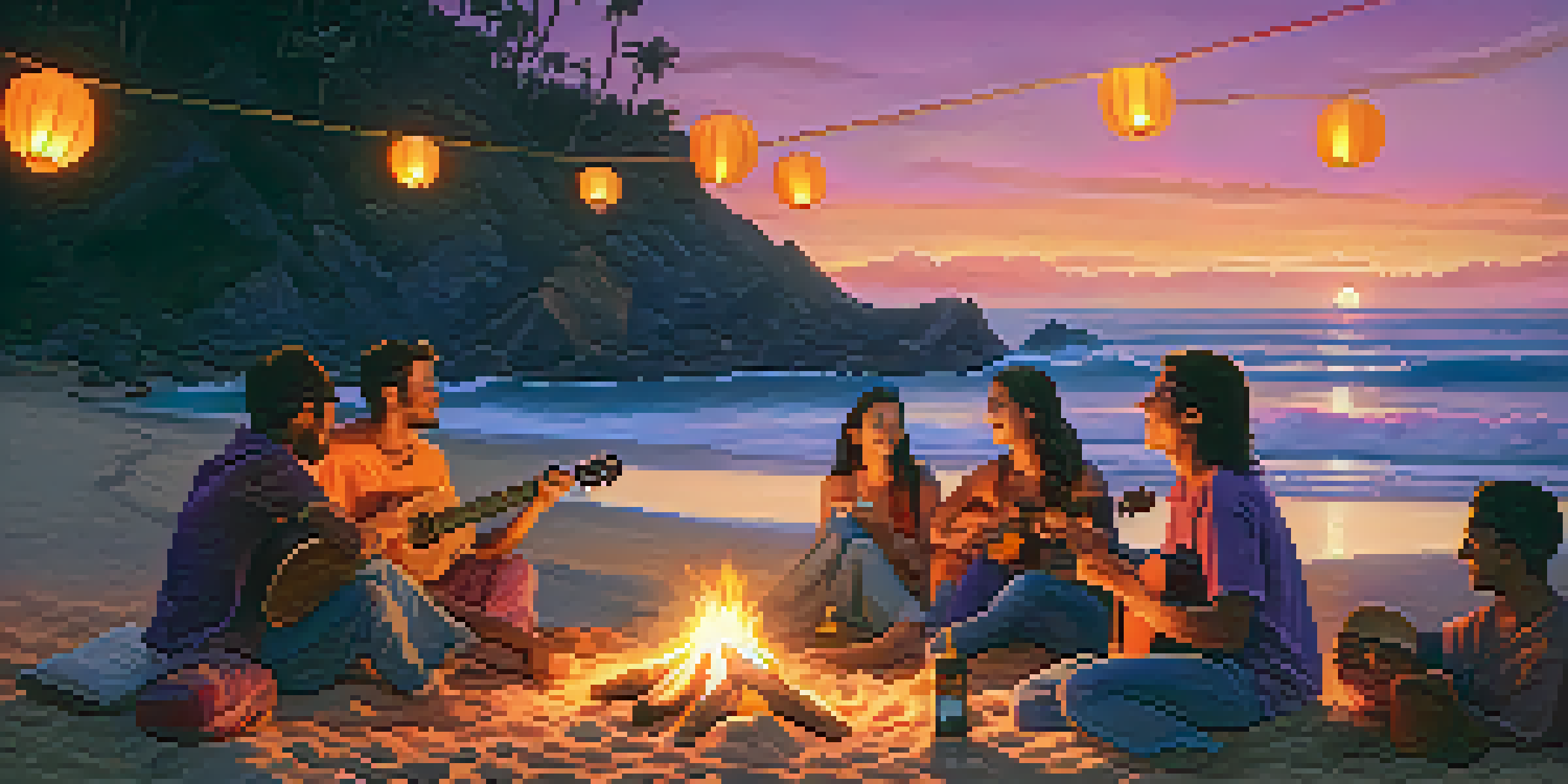 A group of friends sitting around a campfire on the beach at sunset, playing ukuleles.