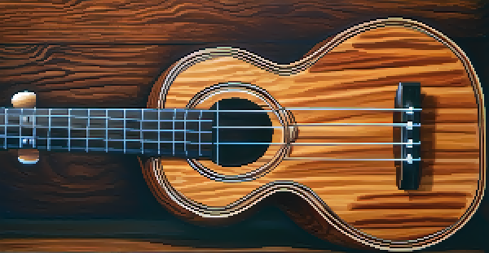 Close-up of a koa wood ukulele, highlighting its intricate grain and polished finish in soft natural lighting.