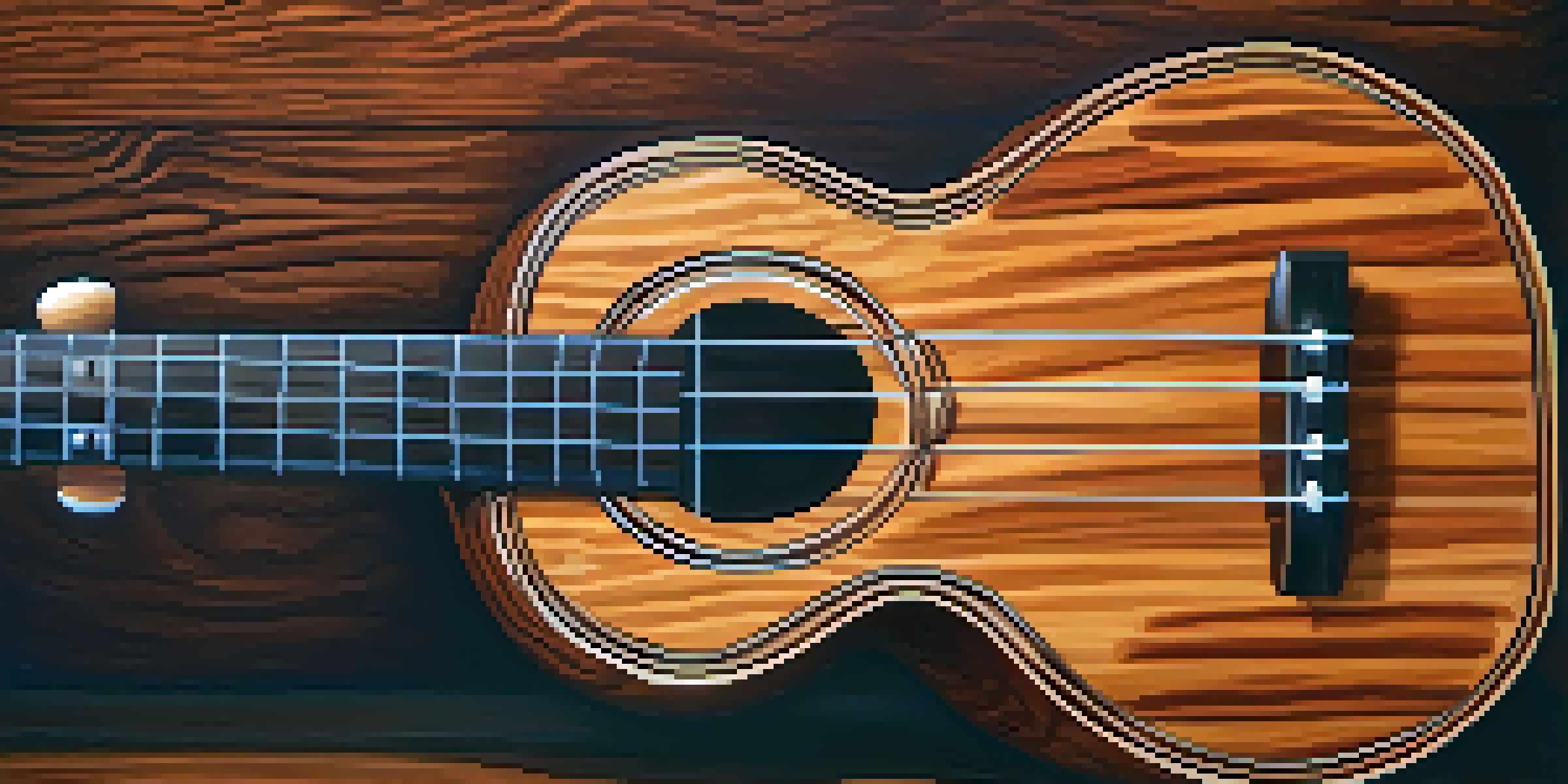 Close-up of a koa wood ukulele, highlighting its intricate grain and polished finish in soft natural lighting.