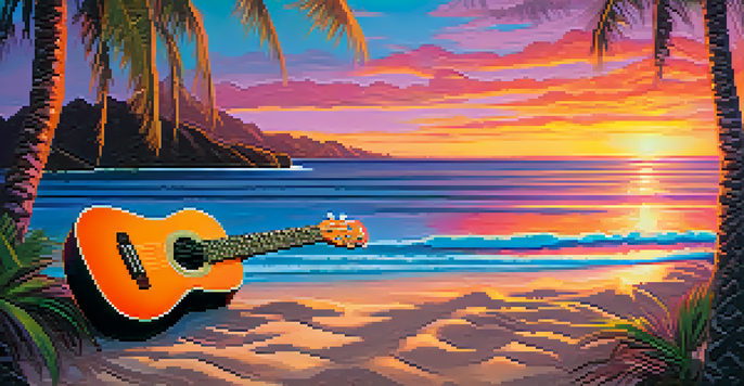 A peaceful Hawaiian beach at sunset with a ukulele on a colorful towel, vibrant sky, and palm trees.