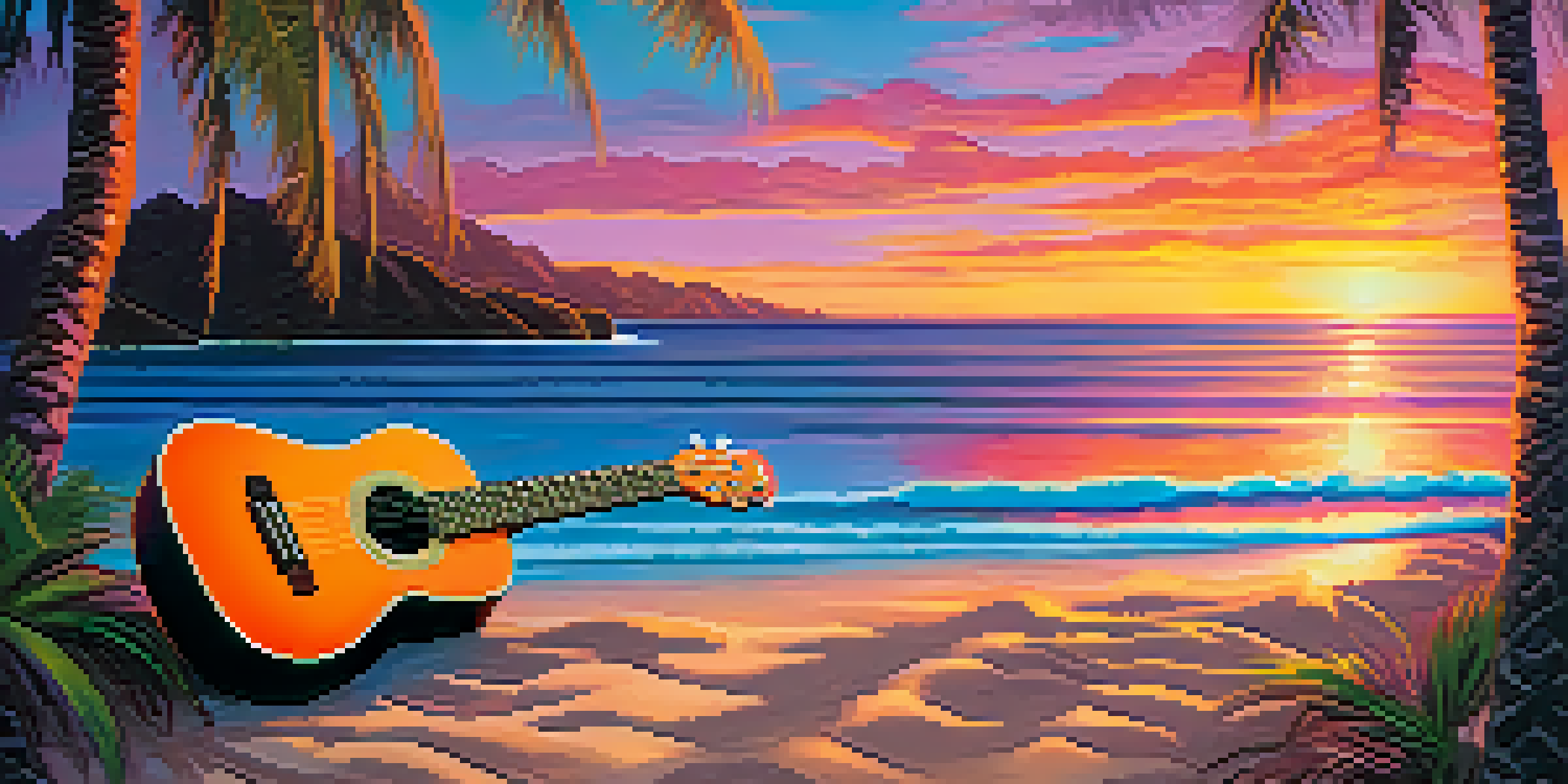 A peaceful Hawaiian beach at sunset with a ukulele on a colorful towel, vibrant sky, and palm trees.