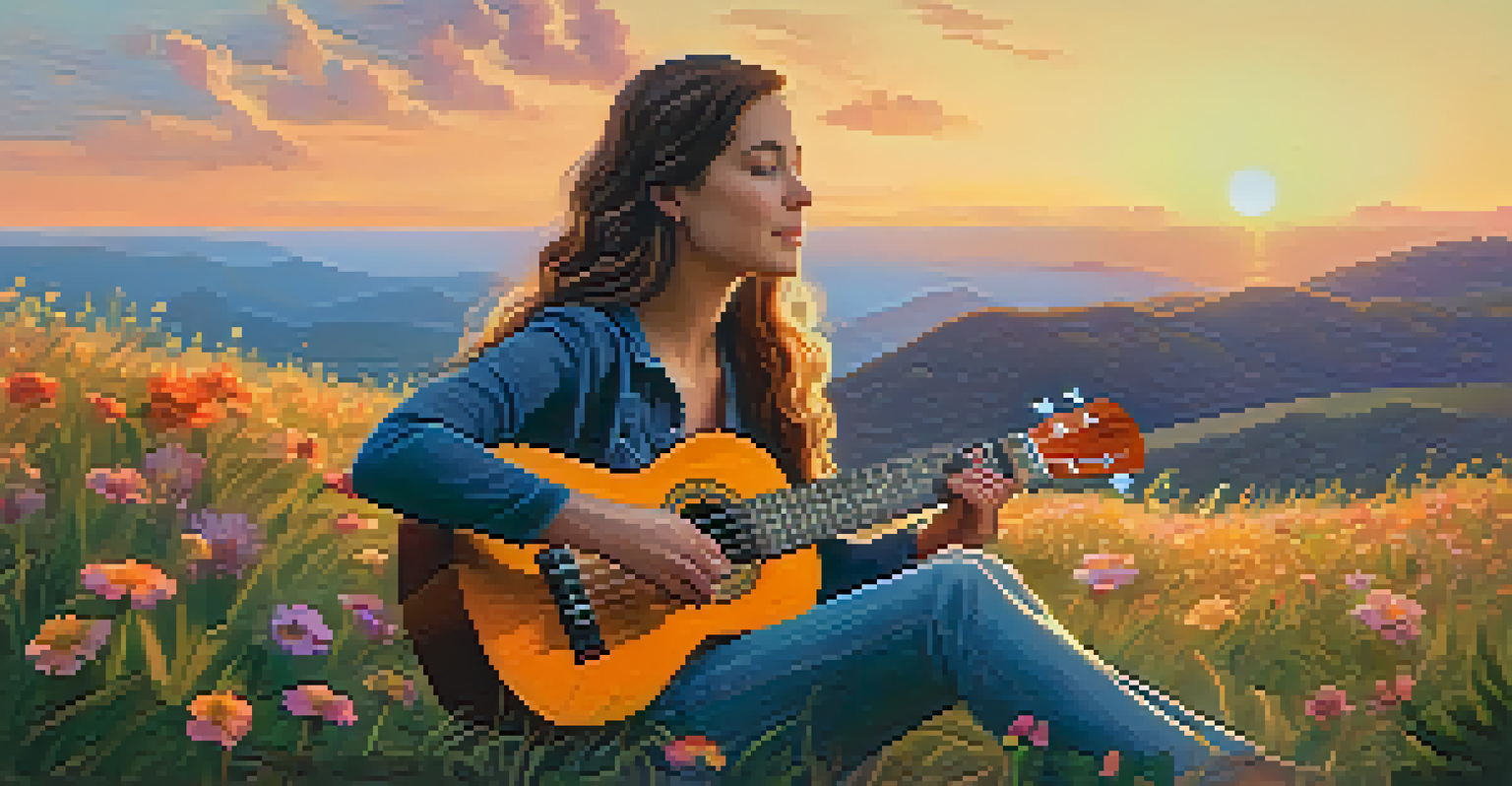 A person sitting on a grassy hill playing a ukulele, with a colorful sunset and flowers around them.