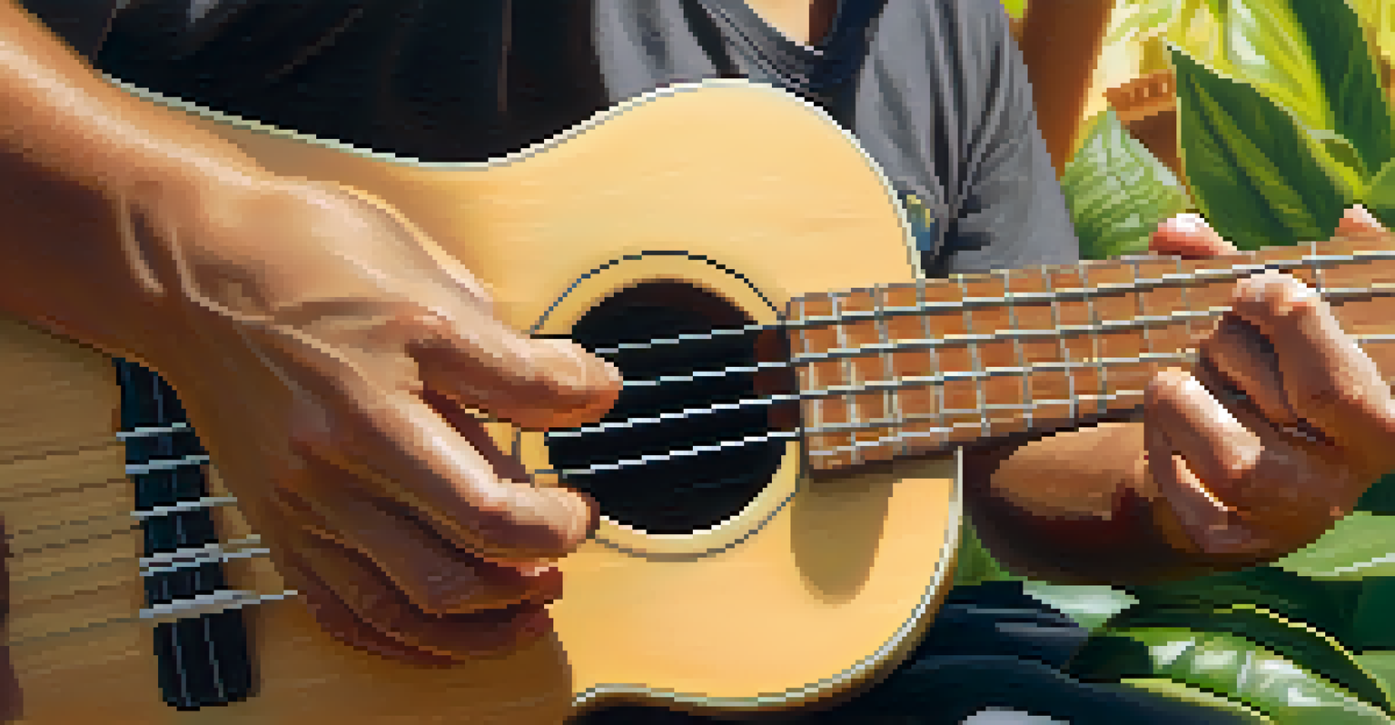 Hands strumming a ukulele with green plants in the blurred background.