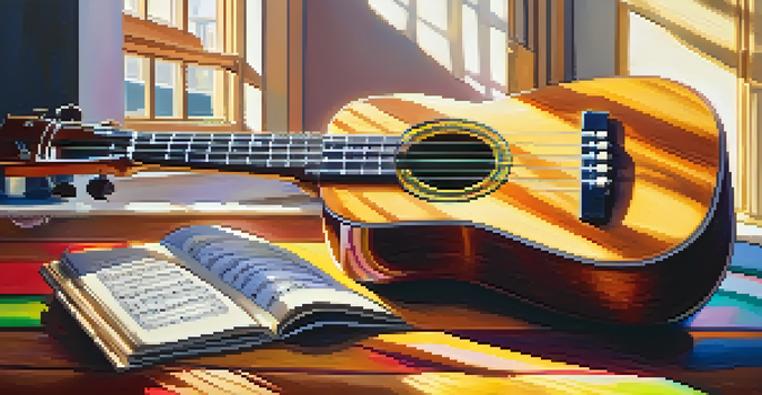 A ukulele on a wooden table with colorful sheet music and a cup of coffee, illuminated by sunlight.