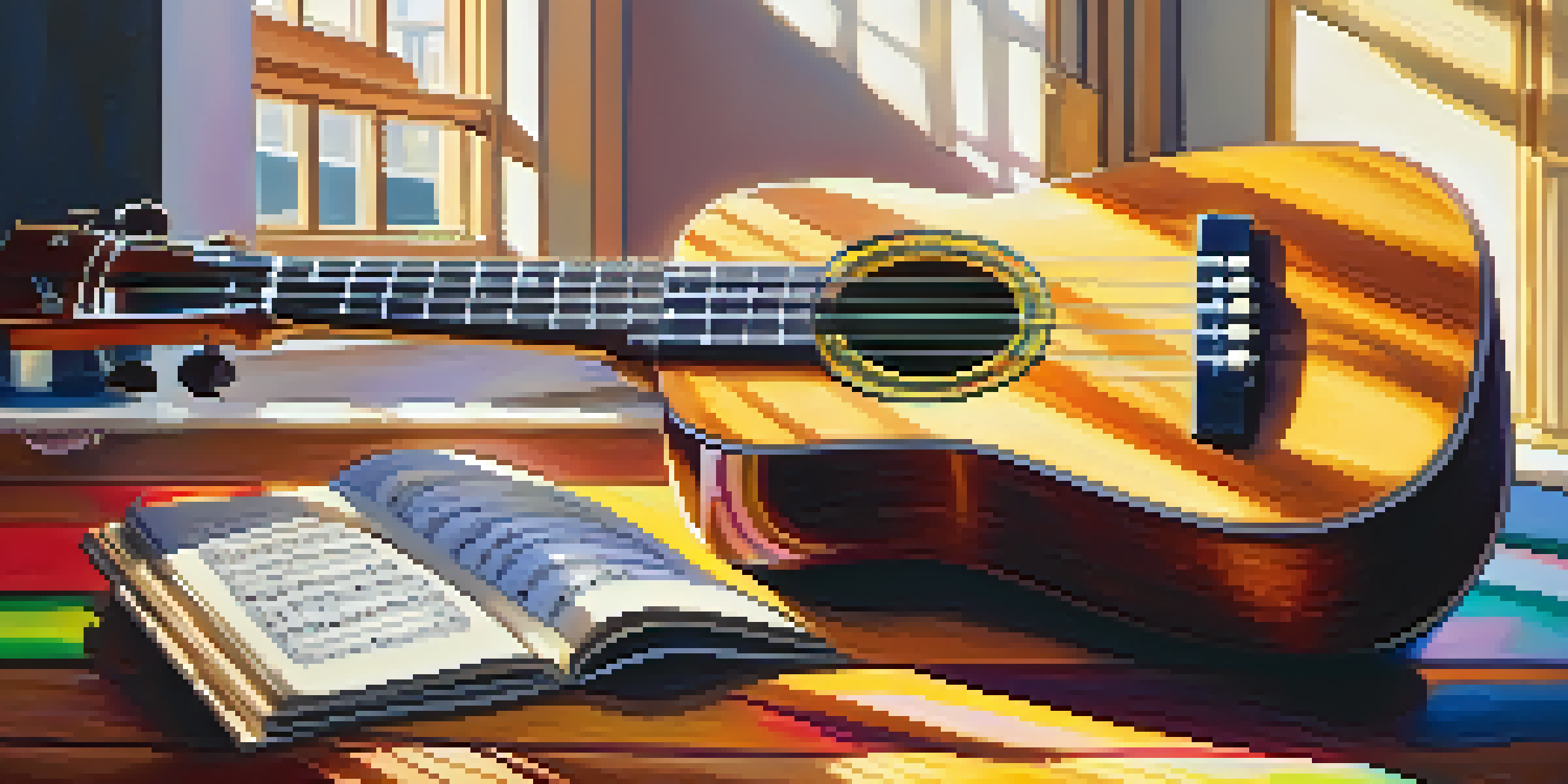 A ukulele on a wooden table with colorful sheet music and a cup of coffee, illuminated by sunlight.