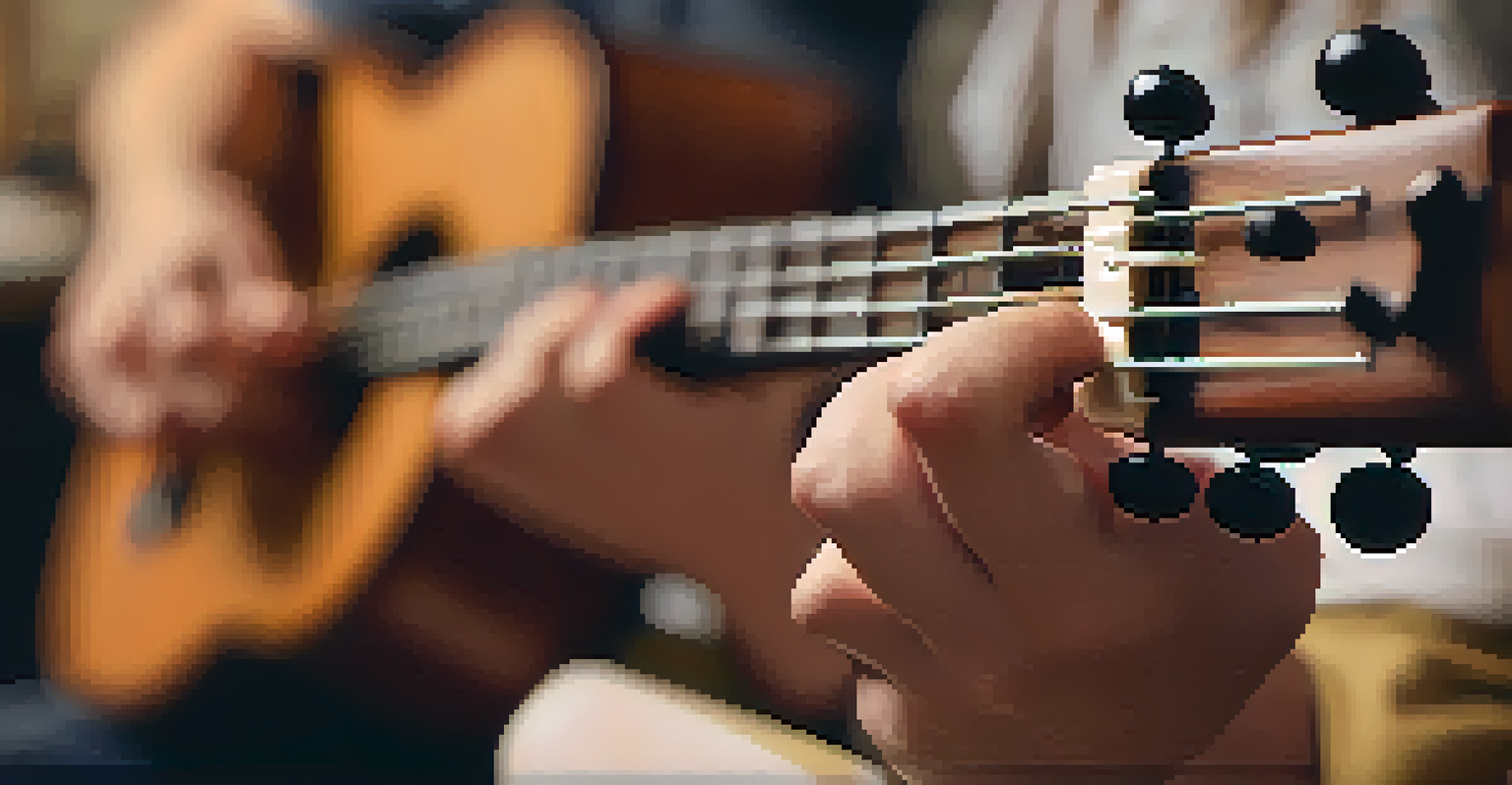 Close-up of hands playing a ukulele, highlighting the strings and frets in a cozy living room.