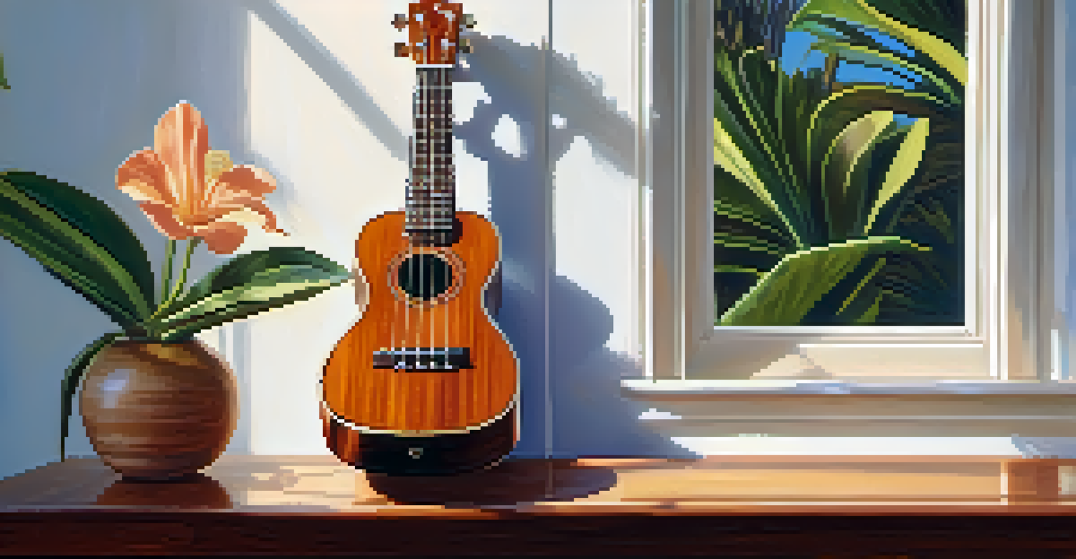 A close-up of a ukulele on a wooden table with sunlight, featuring its wood grain and a small tropical flower.