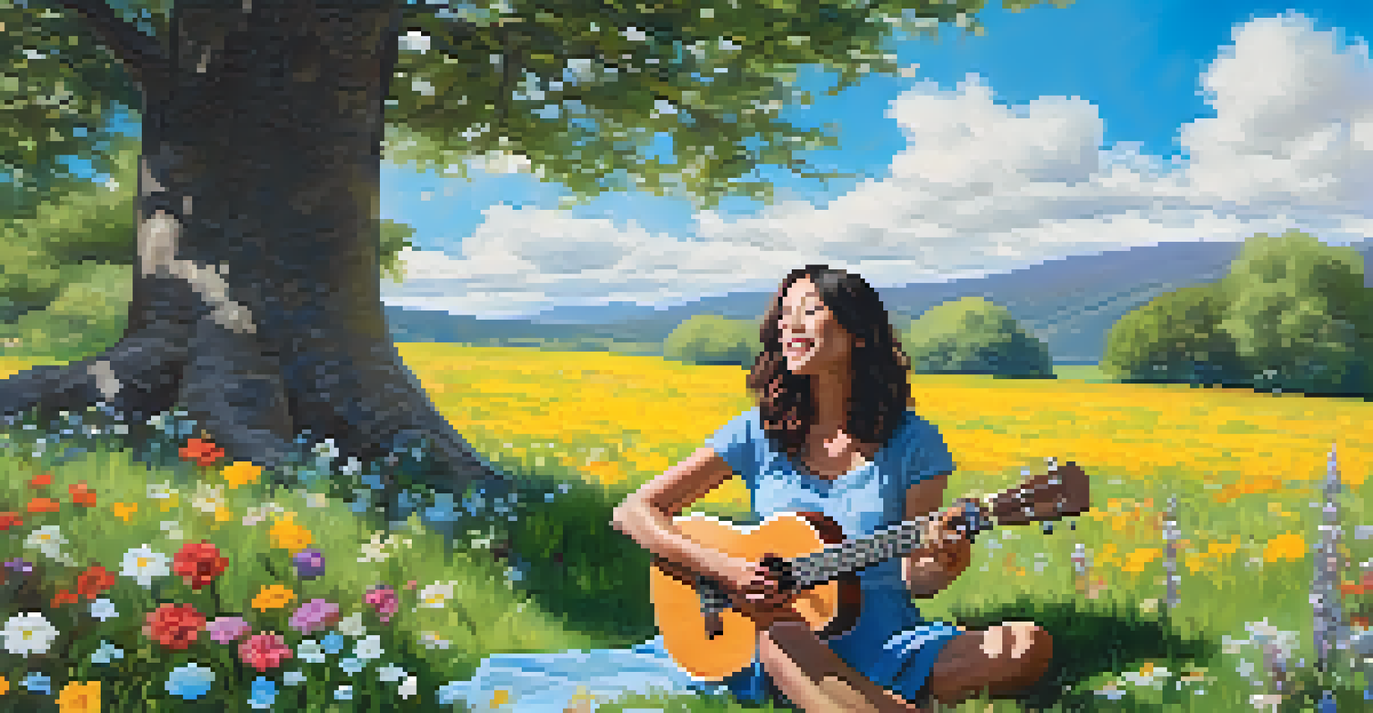 A person sitting on a grassy field, playing a ukulele under a bright blue sky with fluffy clouds and colorful flowers around.
