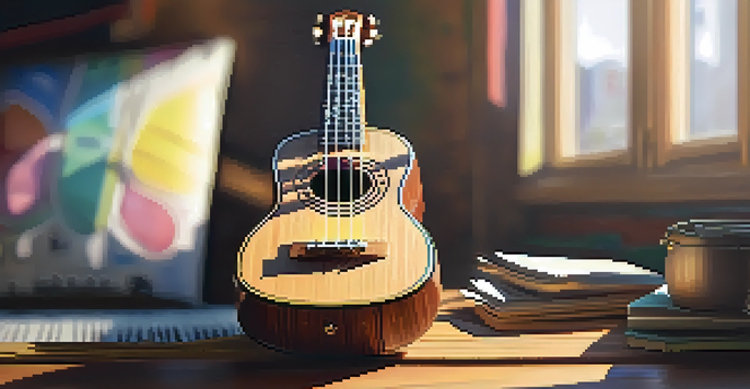 A close-up of a ukulele on a wooden table with sunlight casting shadows, surrounded by colorful music sheets.