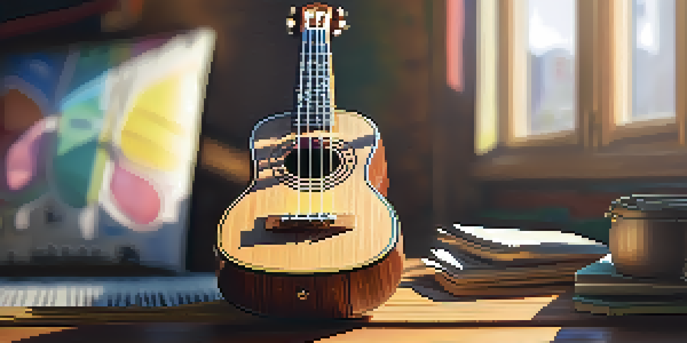 A close-up of a ukulele on a wooden table with sunlight casting shadows, surrounded by colorful music sheets.