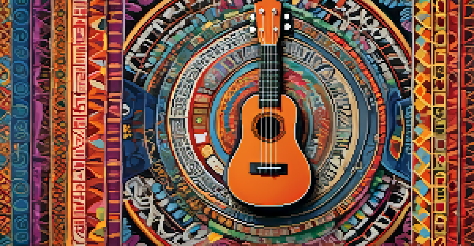 A decorated ukulele with cultural symbols on its body, surrounded by musical notes and vibrant colors, against a background of traditional patterns.