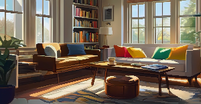 A warm and inviting living room featuring a ukulele on a coffee table, with sunlight illuminating the space and a cozy sofa in the background.