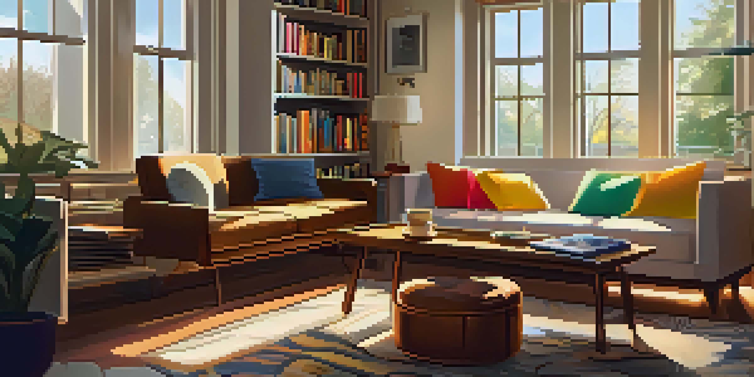 A warm and inviting living room featuring a ukulele on a coffee table, with sunlight illuminating the space and a cozy sofa in the background.