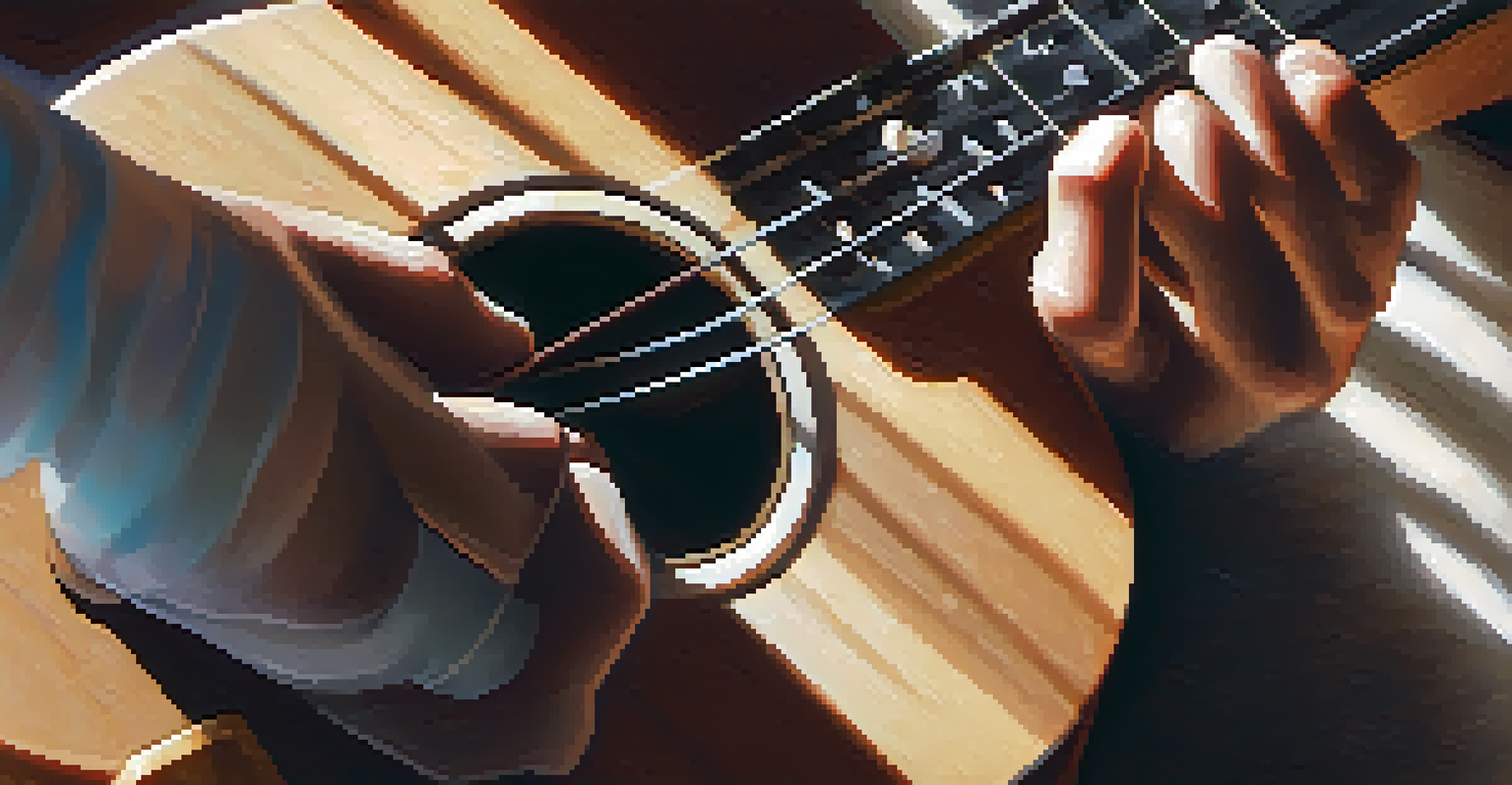 A musician's hands tuning a ukulele with a digital tuner nearby, highlighting the textured strings and warm room ambiance.