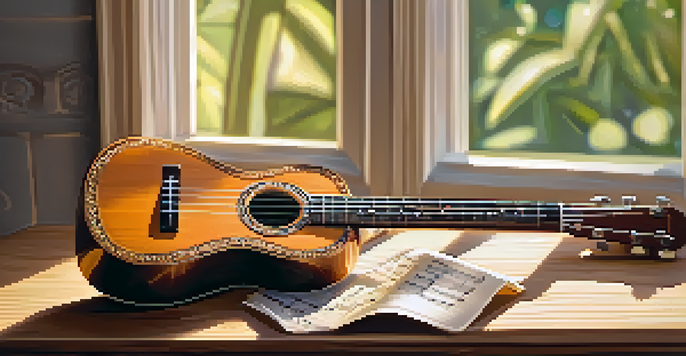 A handcrafted ukulele on a wooden table, with sunlight creating soft shadows.