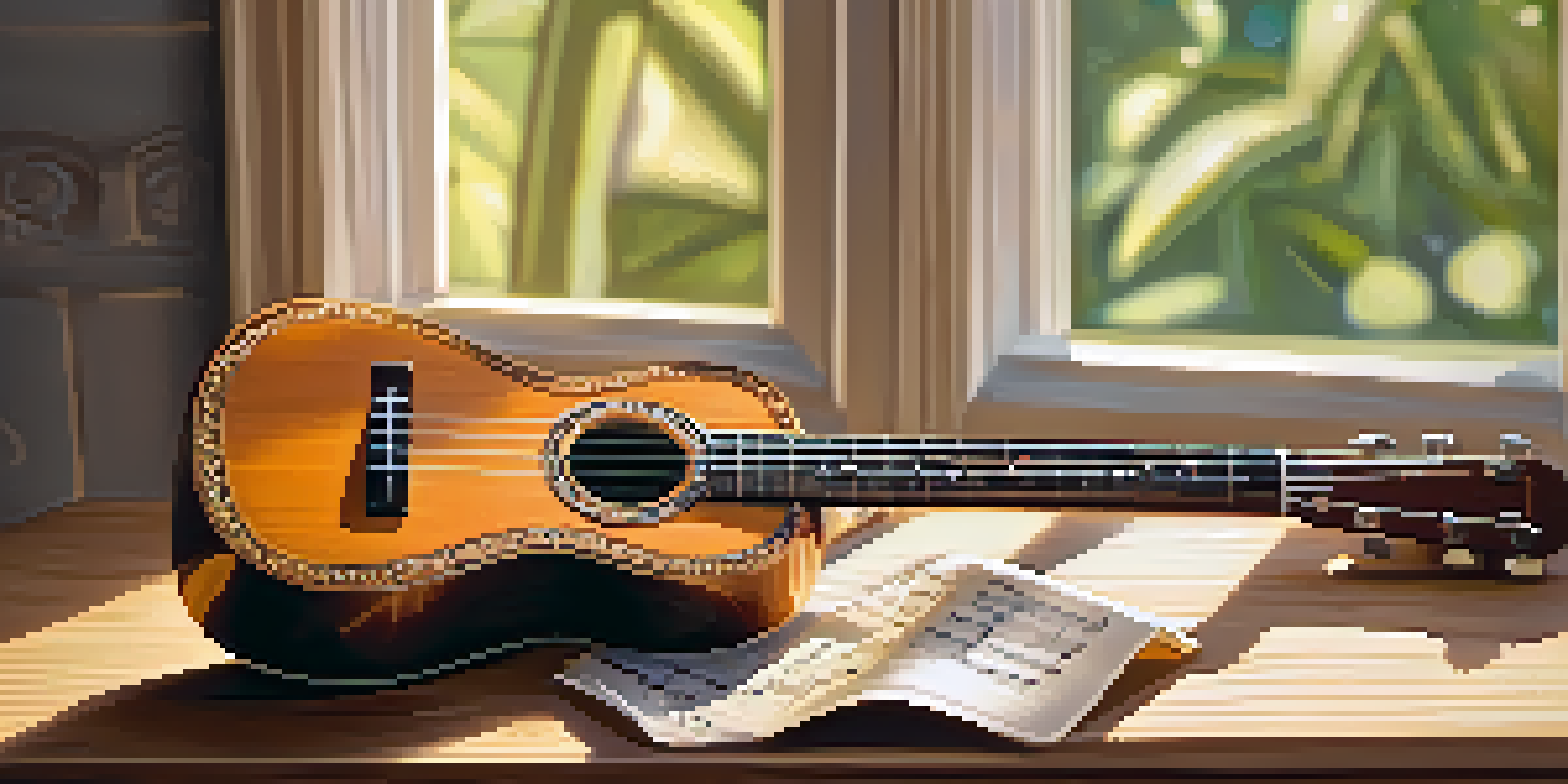 A handcrafted ukulele on a wooden table, with sunlight creating soft shadows.