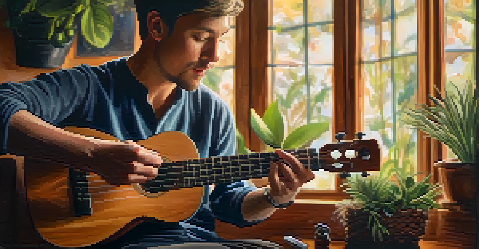 A musician's hands playing a ukulele in D-Tuning, set against a cozy indoor backdrop with plants and dim lighting.