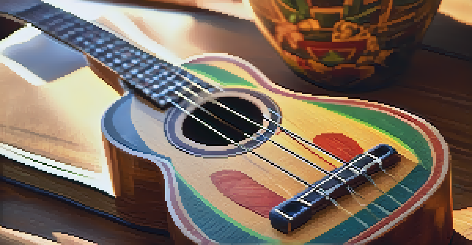 A beautifully crafted ukulele on a wooden table, with sunlight highlighting its polished wood and intricate details.