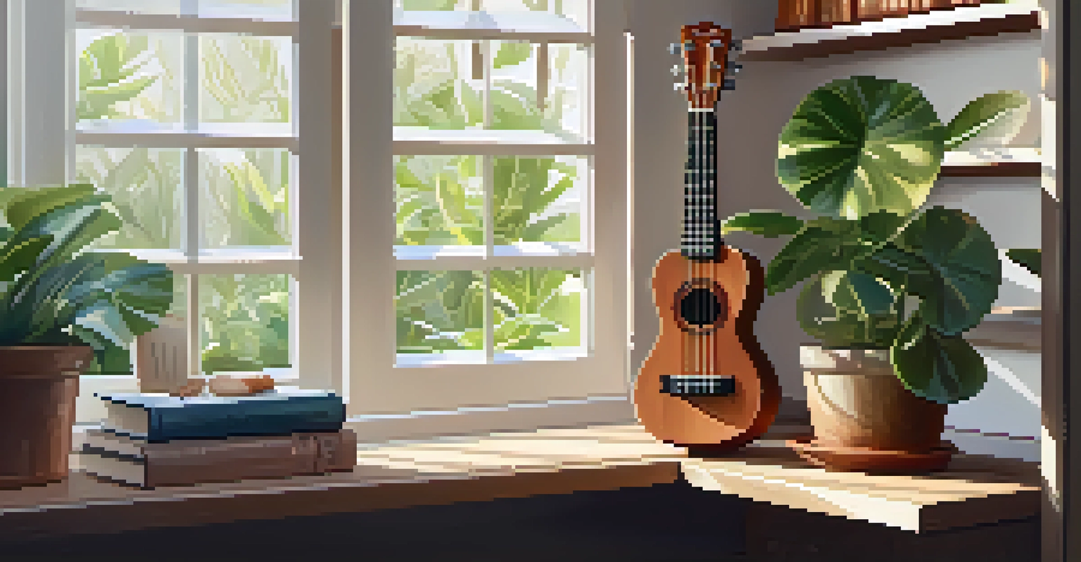 A ukulele in a stylish case on a shelf, with plants and books, illuminated by soft sunlight.