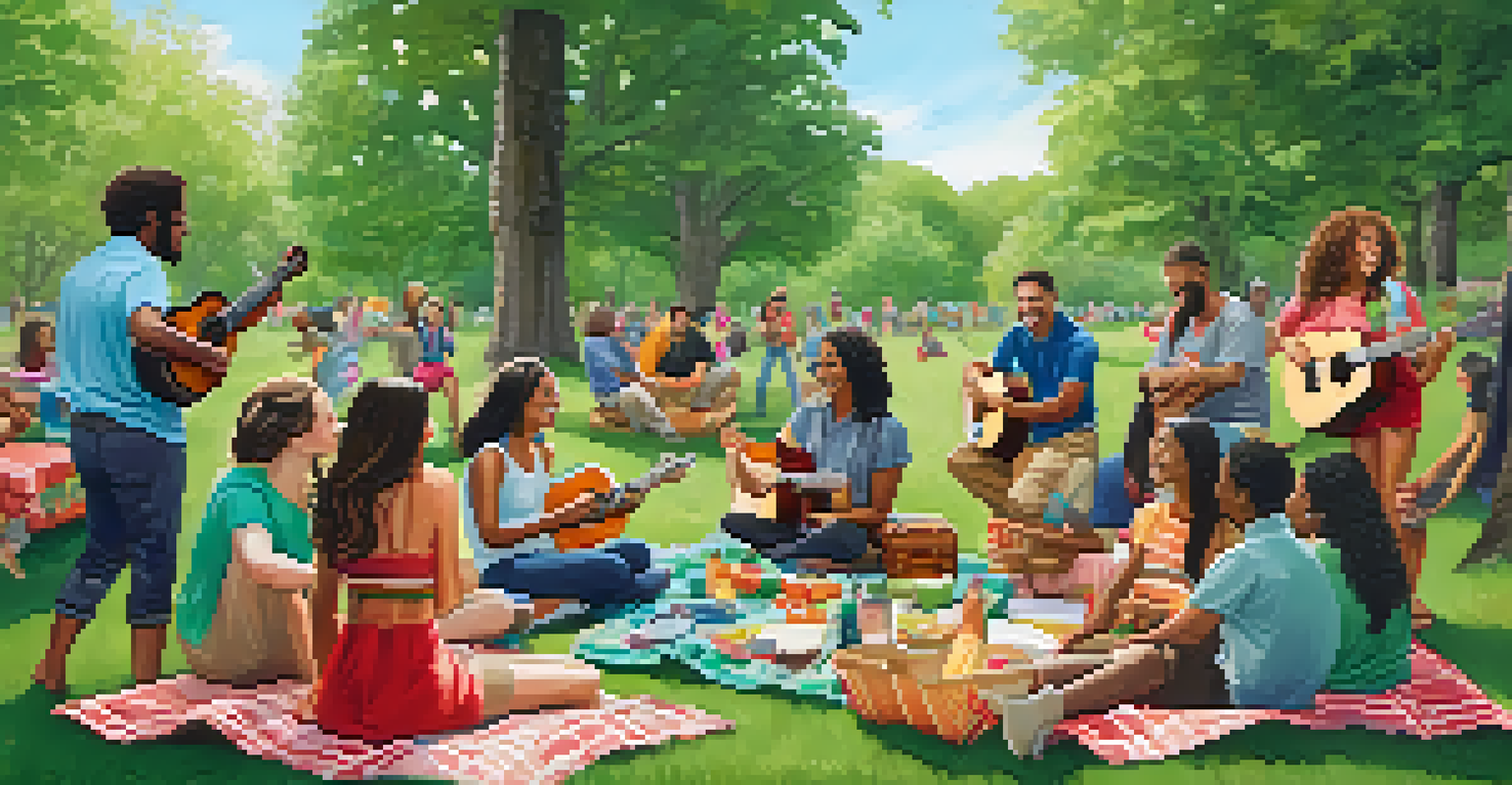 A group of people playing ukuleles together in a park.