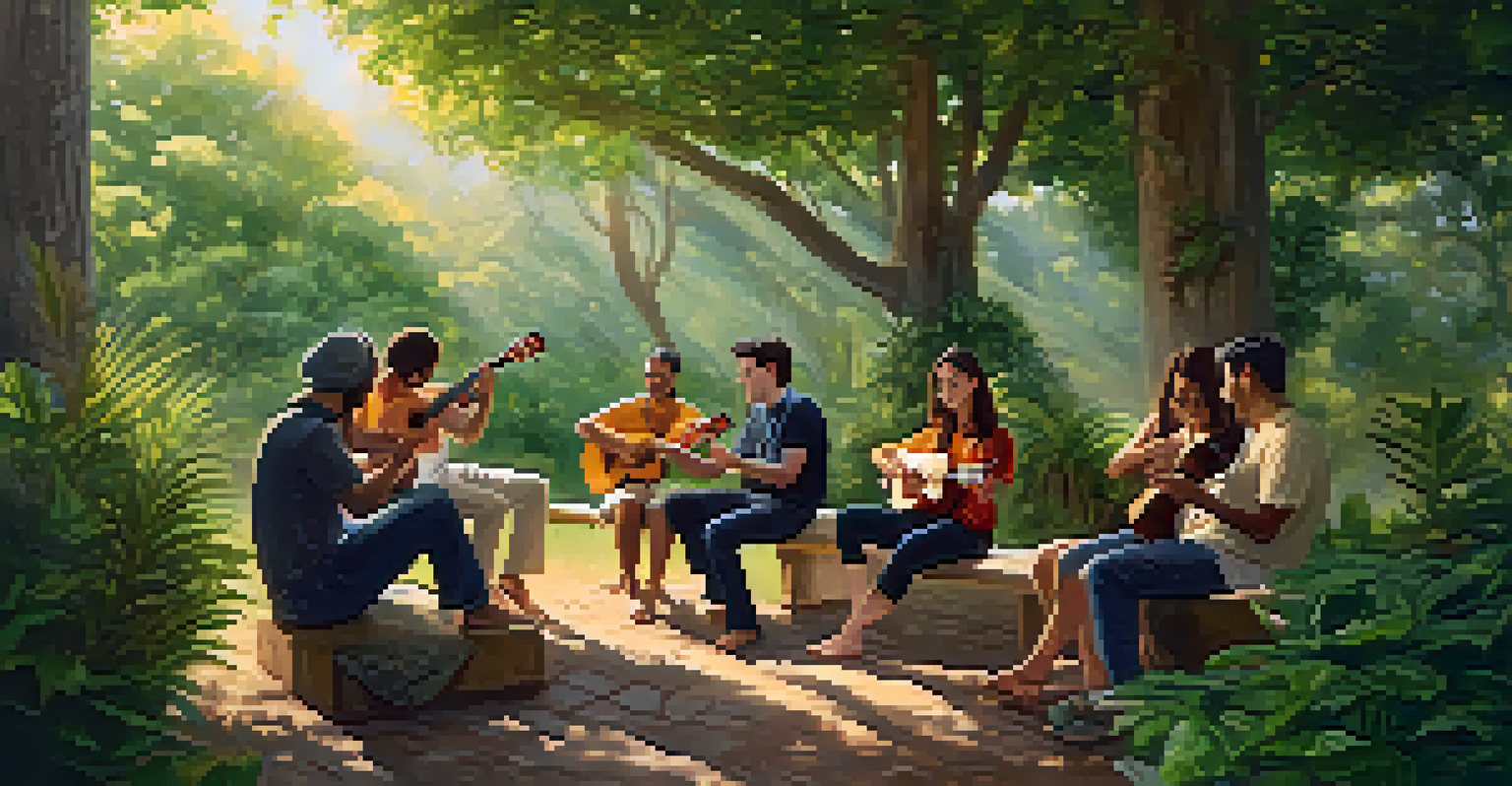 A group of ukulele players in a serene outdoor setting, surrounded by greenery, collaborating and experimenting with harmonics in a joyful atmosphere.