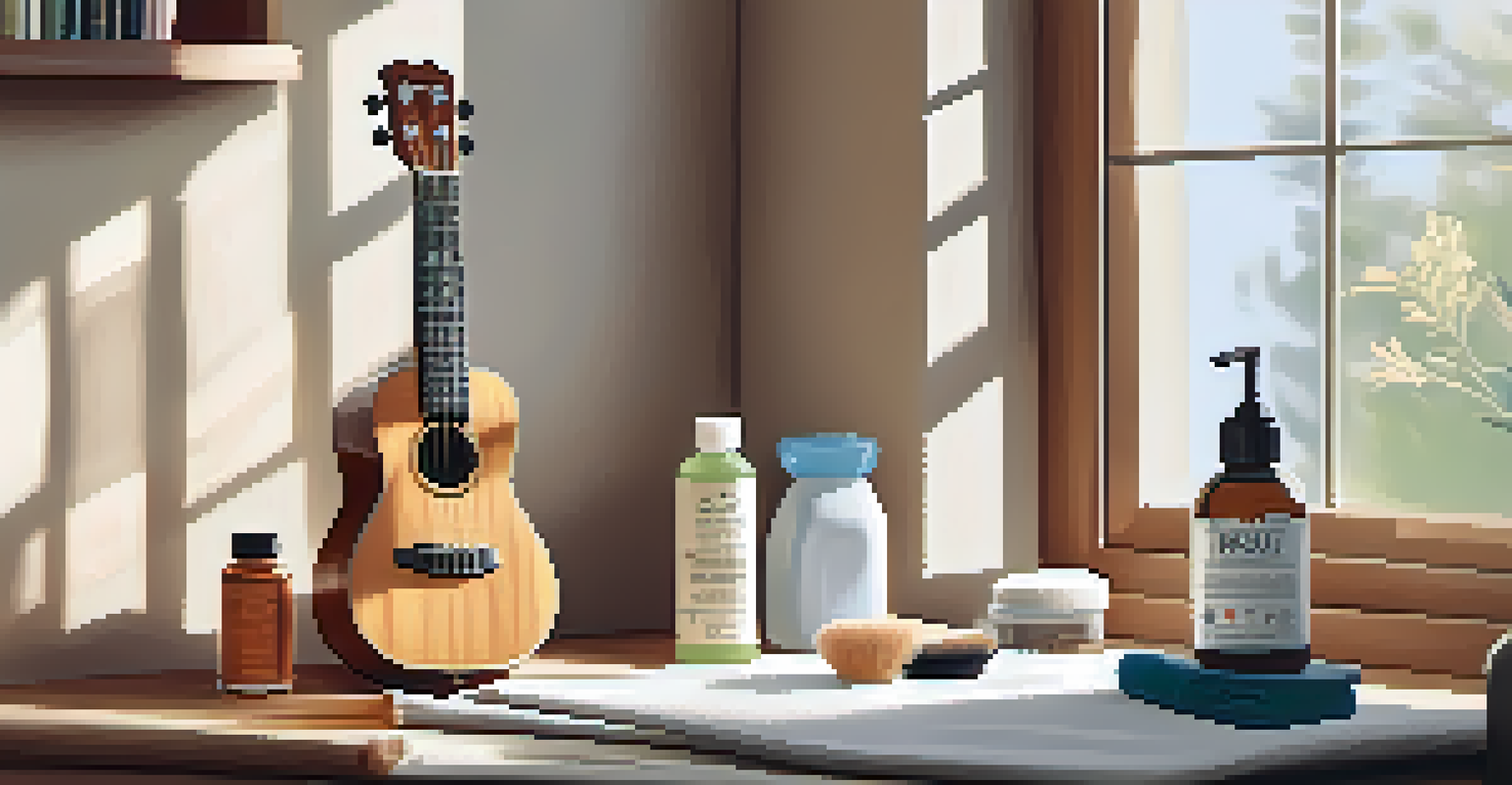 A workspace with cleaning supplies for a ukulele, including a brush and cloth, bathed in natural light.