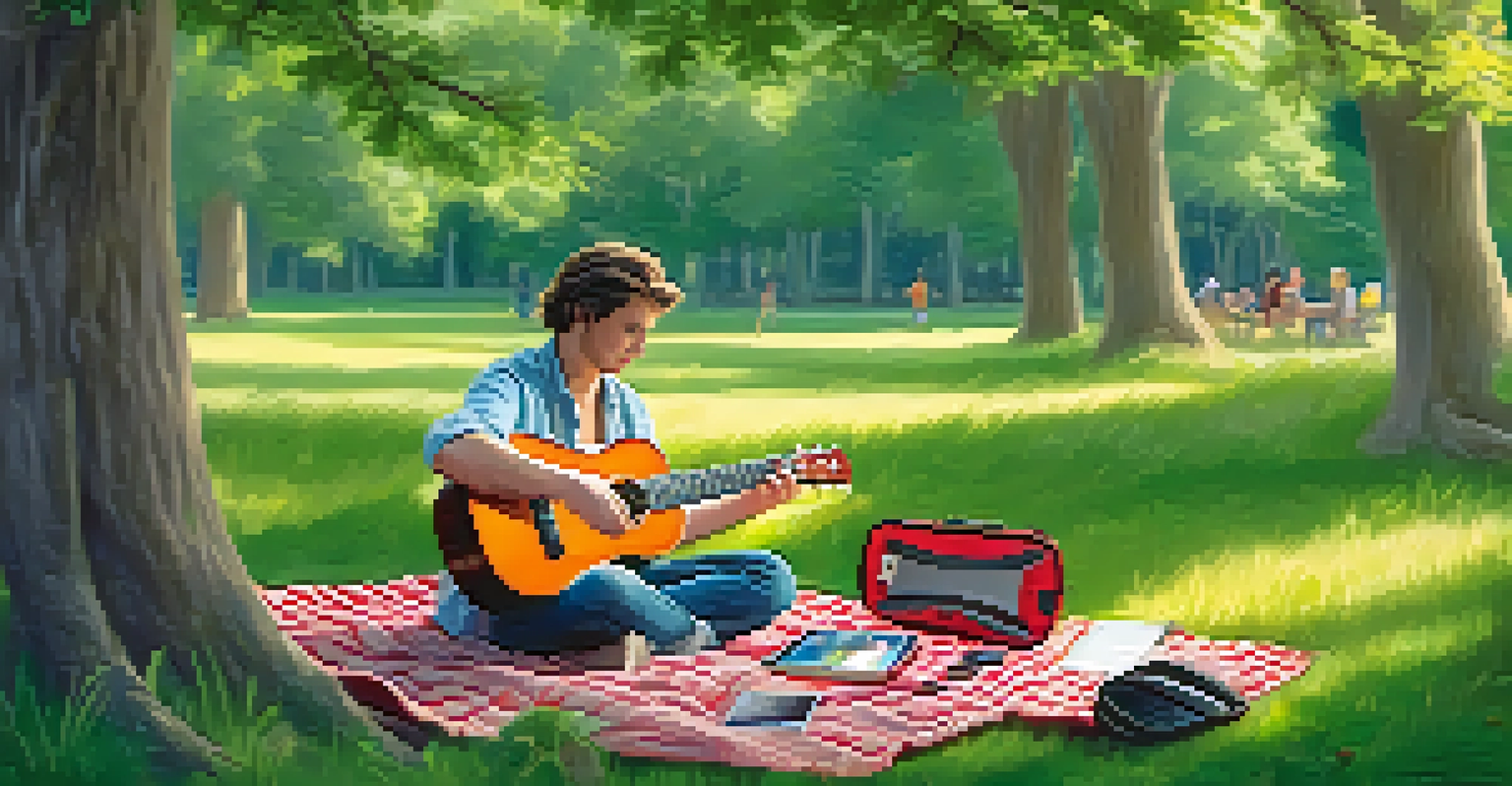 A beginner musician tuning a ukulele outdoors on a picnic blanket in a green park, with a smartphone tuner app visible.