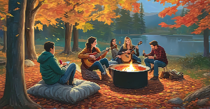 A group of friends gathered around a fire pit in autumn, enjoying hot cider and music from a ukulele.