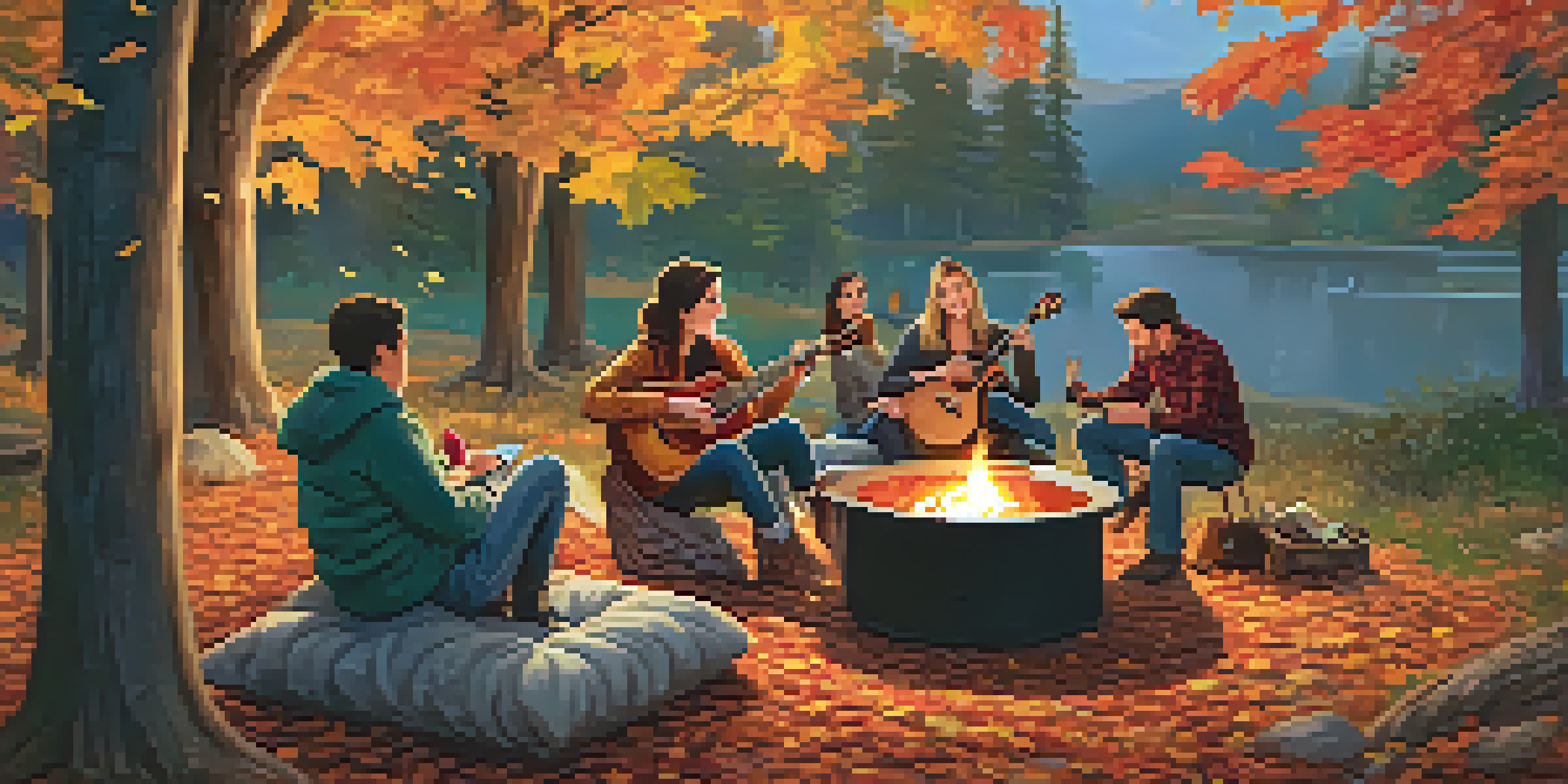 A group of friends gathered around a fire pit in autumn, enjoying hot cider and music from a ukulele.