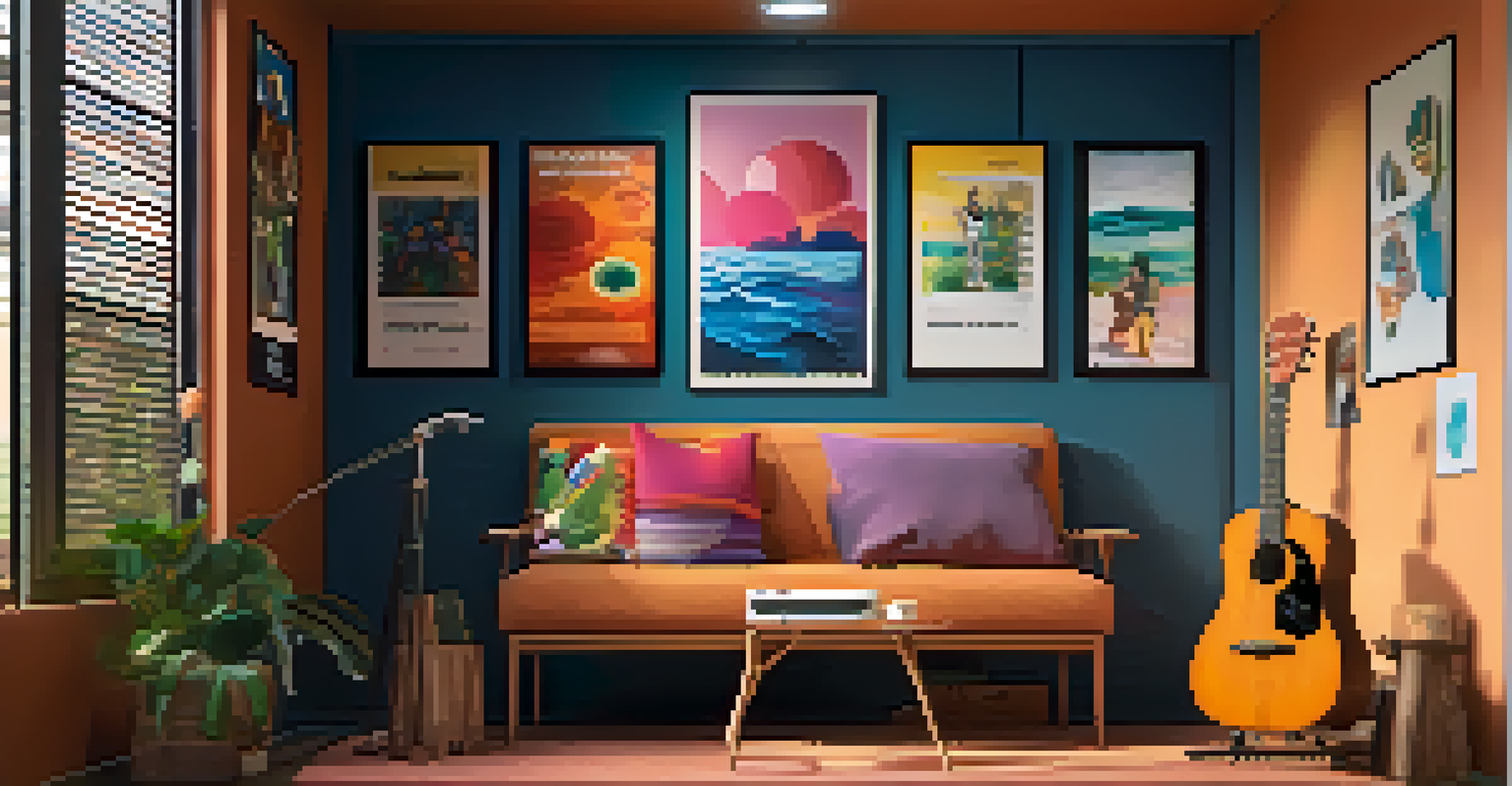 An inviting recording space with colorful artwork, a ukulele, a microphone, and sound-absorbing panels.
