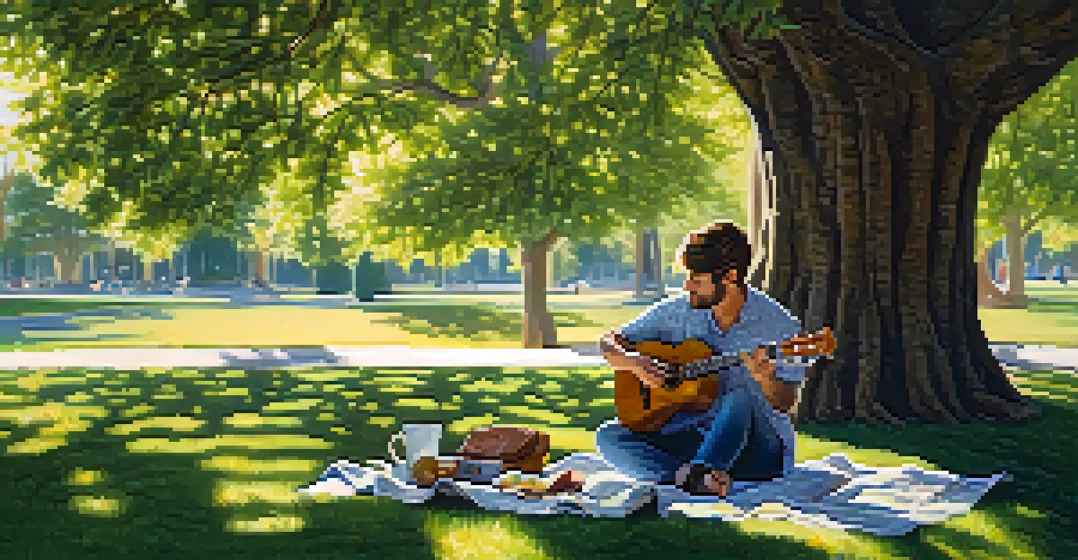 A musician playing a ukulele under a tree in a park, surrounded by nature and sunlight.