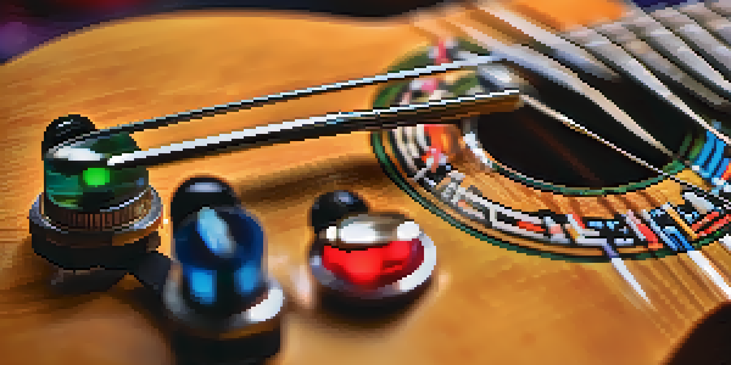 A close-up image of a digital tuner on a ukulele, with colorful indicators and a softly blurred background of a warm room with sunlight.