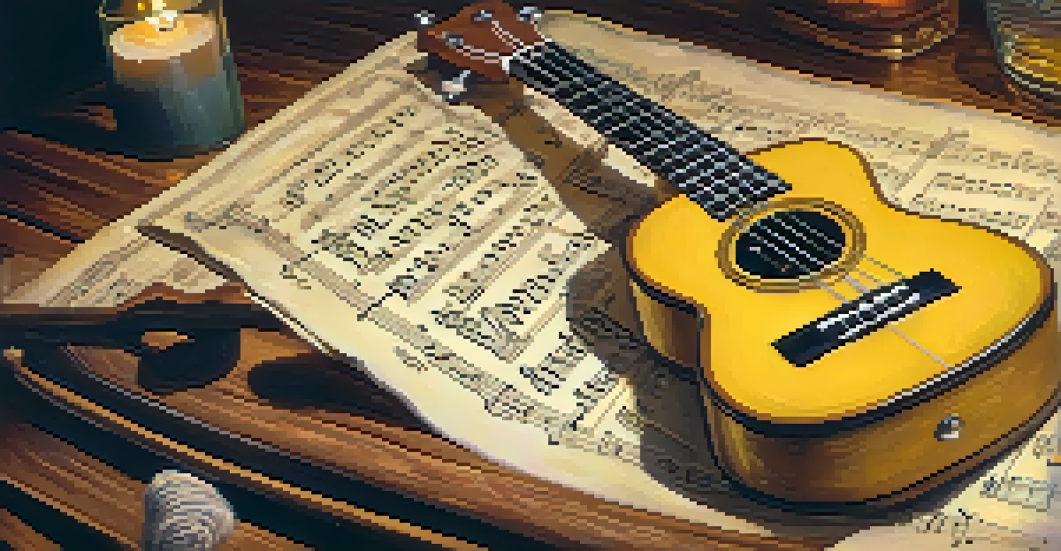Close-up of hands strumming a yellow ukulele on a wooden table with sheet music and a candle, in warm light.